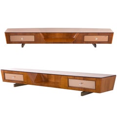 Fontana Arte, Pair of Cherry Wood & Rosambrato Glass Wall-Mounted Consoles