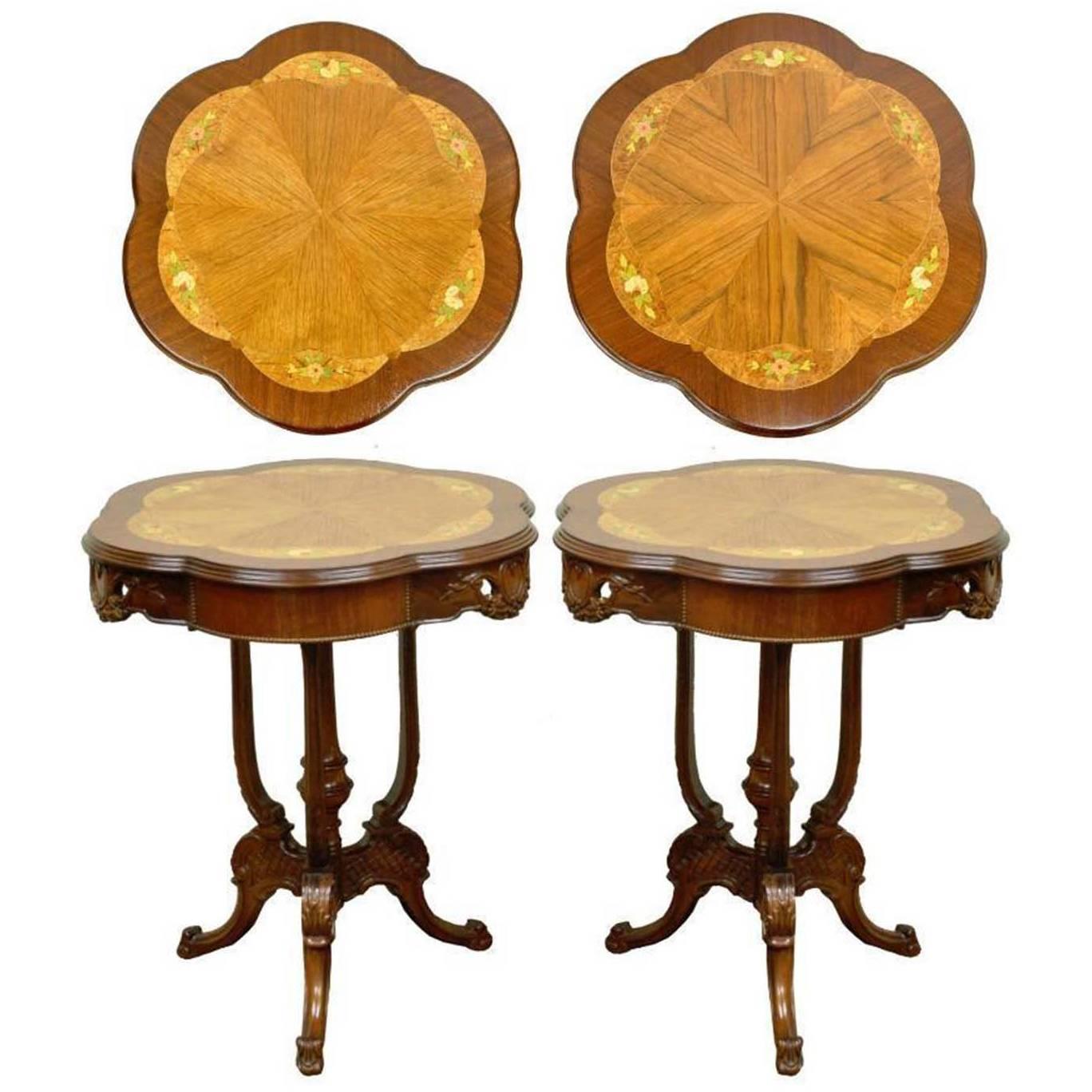 Pair Antique French Louis XV Style Floral Satinwood Inlay Walnut Lamp End Tables