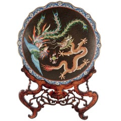 Vintage Cloisonné Enamel 'Dragon and Phoenix' Charger on Ornate Wooden Stand