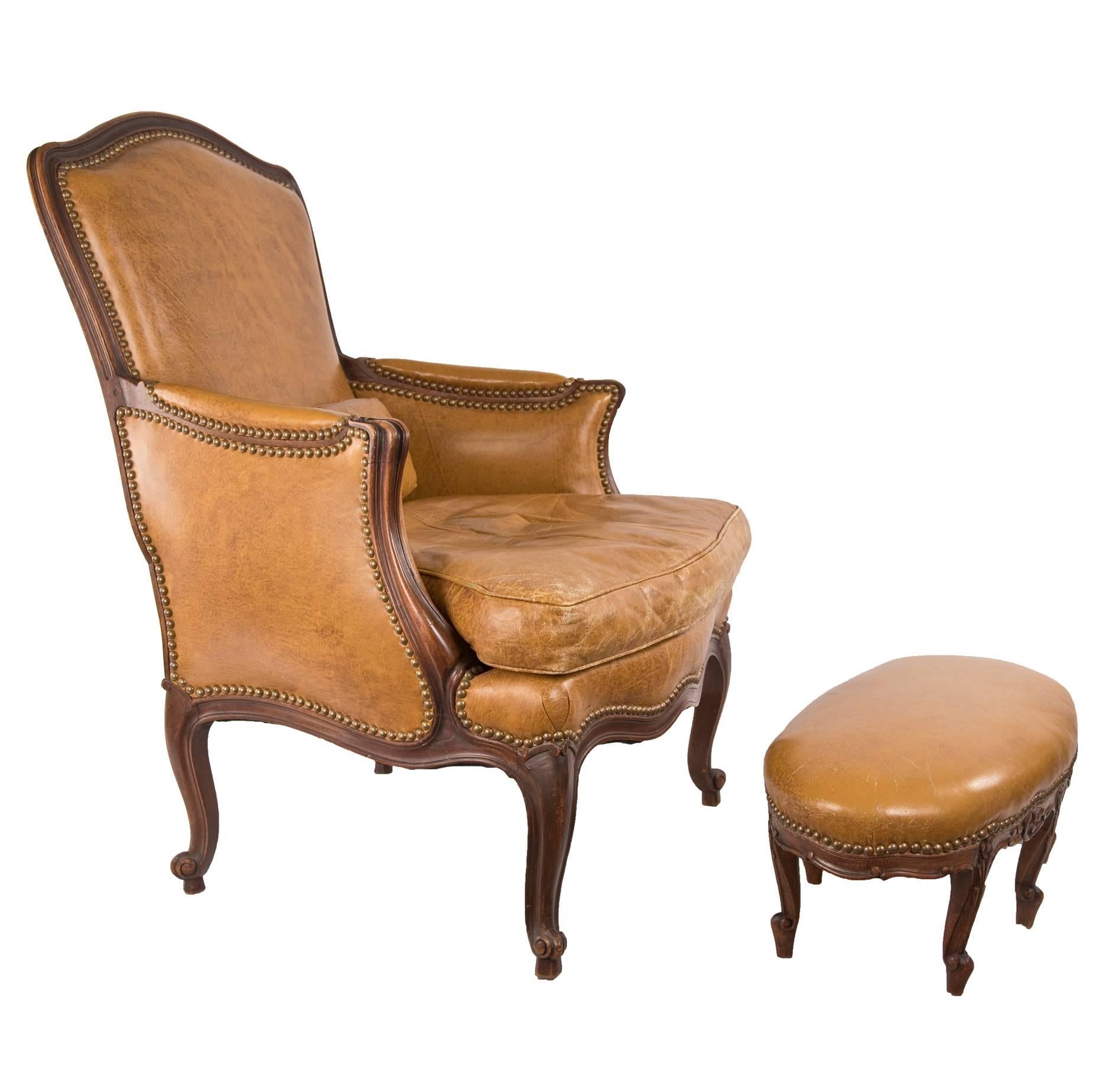 French Louis XV Style Walnut Taylor King Bergère Chair and Ottoman