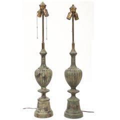 Pair of Verdigris Patinated Fluted Balluster Bronze Lamps