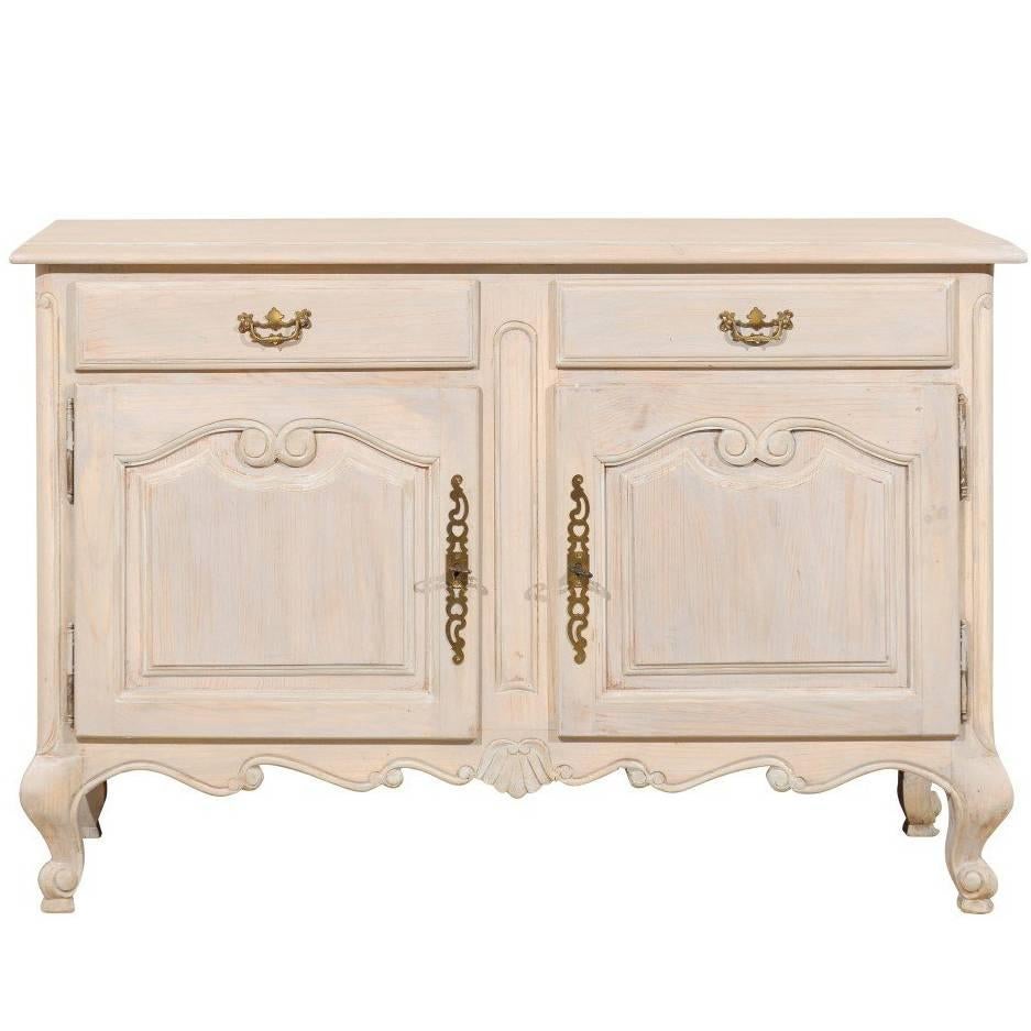 French Painted Wood Buffet with Scalloped Skirt and Grey, Beige Pickled Finish For Sale