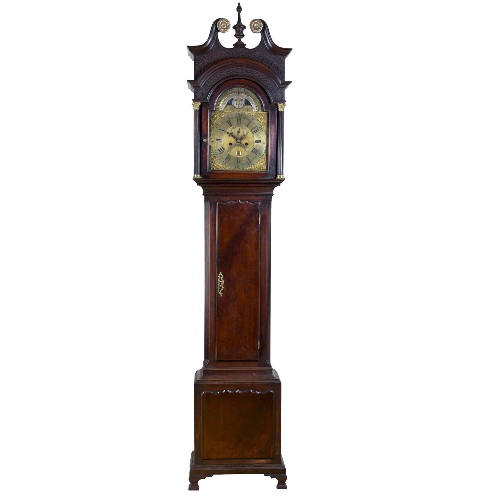 Mahogany Chippendale English Tall Case Clock with Tides, England, Thos. Pierce For Sale