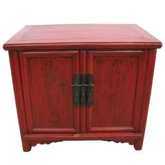 Early 19th Century Chinese Red Lacquer Round Corner Scroll Taper Cabinet