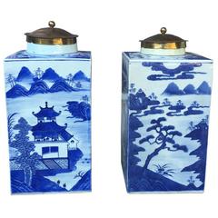 19th Century Pair of Chinese Blue and White Tea Canisters