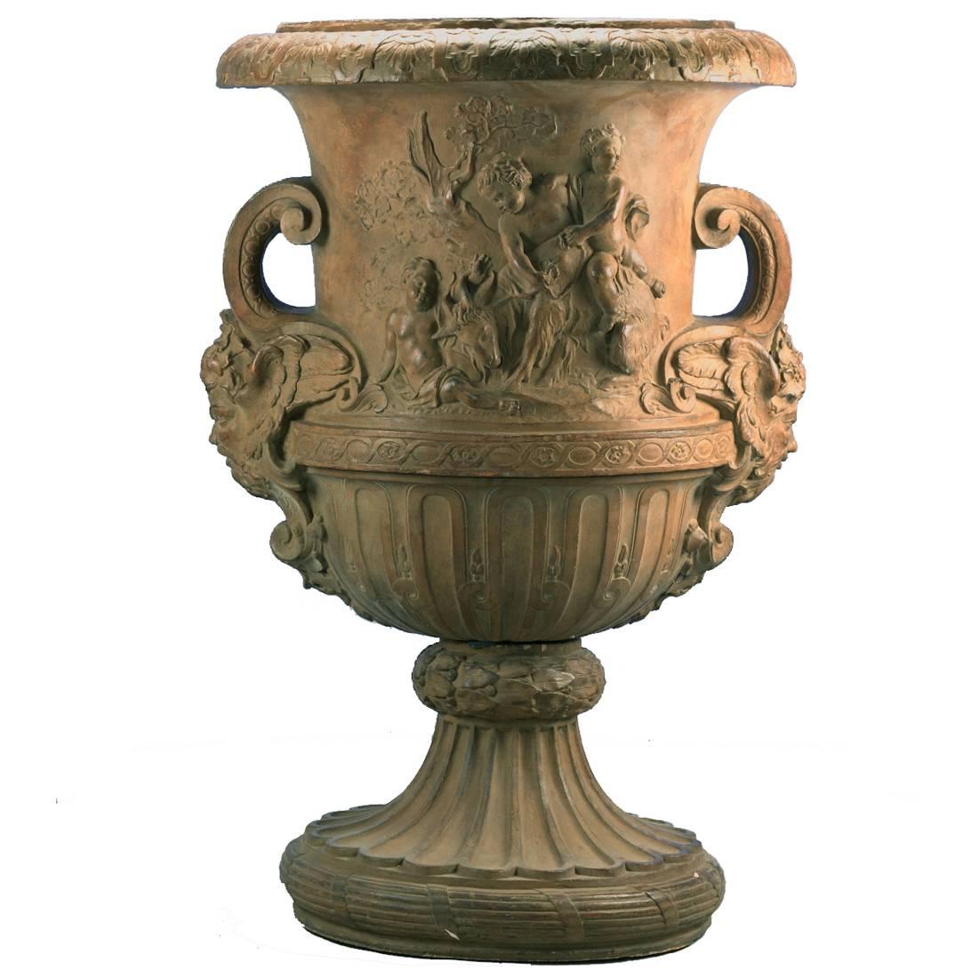 Big Terracotta Vase with Cupid After René Frémin For Sale