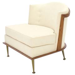 New Upholstery Barrel Walnut Frame Brass Legs Lounge Chair