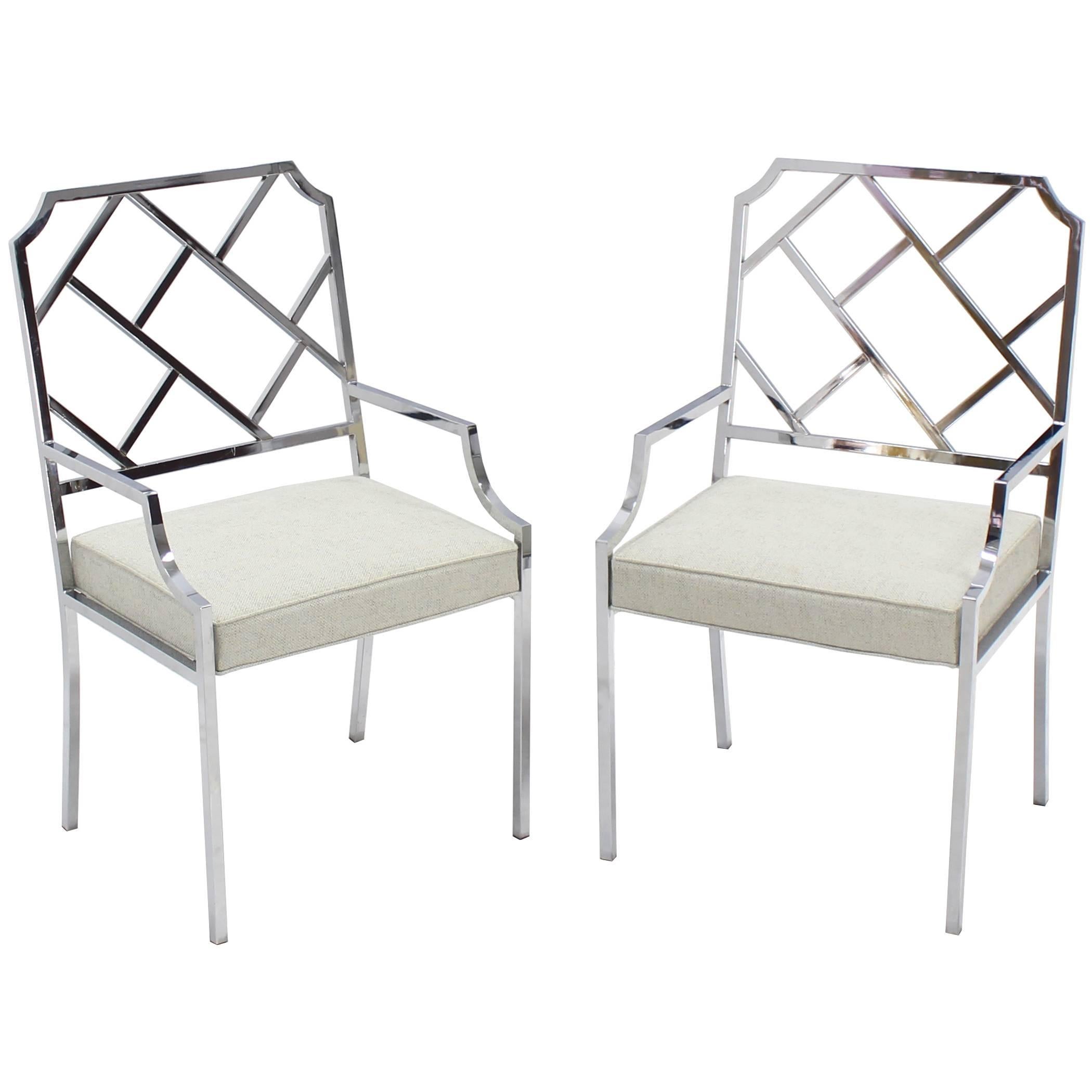 New Upholstery Pair of Chrome Wide Ladder Back Chrome Chairs For Sale