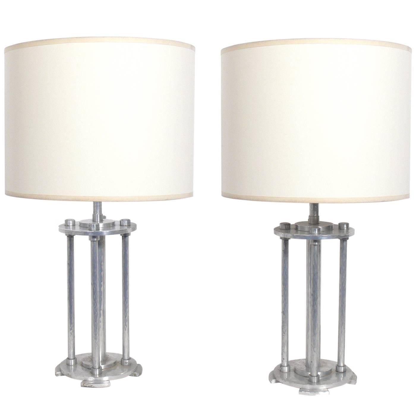 Pair of Art Deco Hammered Aluminium Lamps Attributed to Palmer Smith