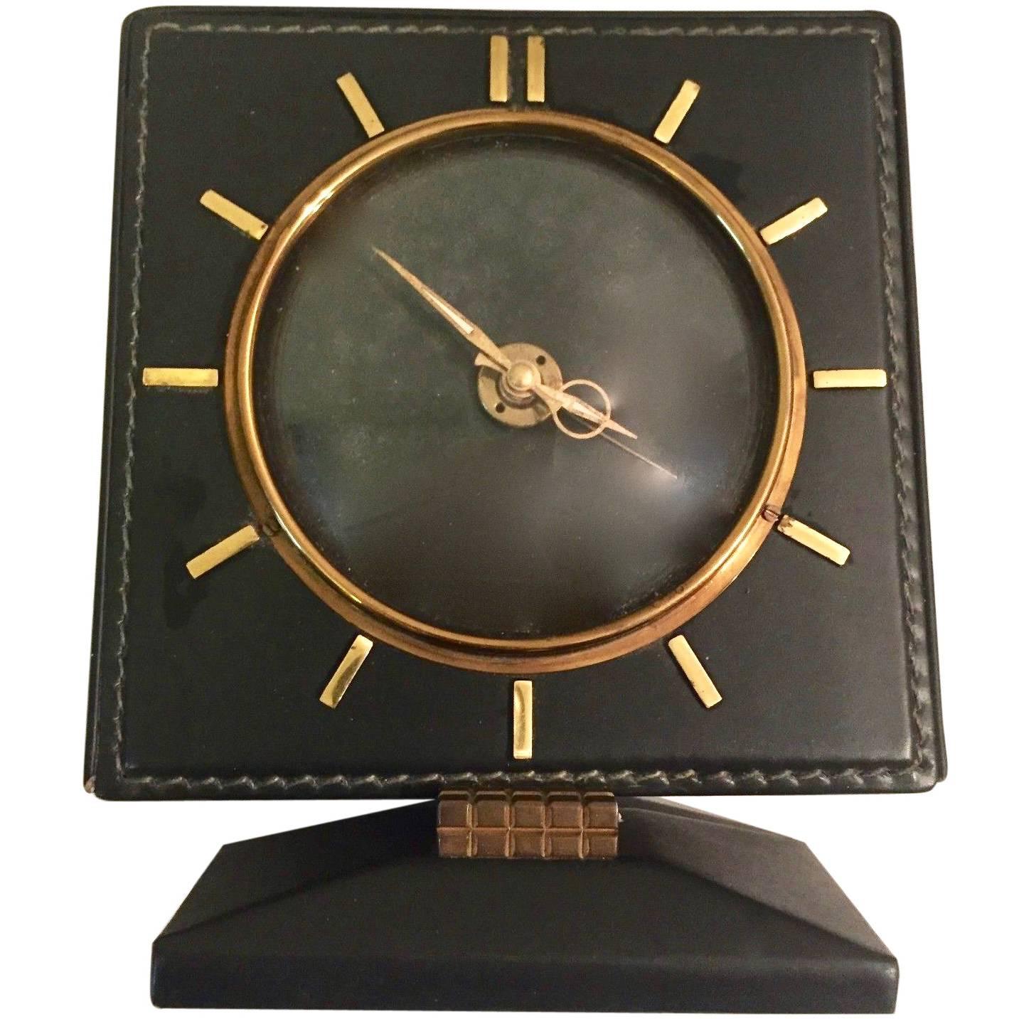 Adnet Style French Leather and Brass Desk Clock