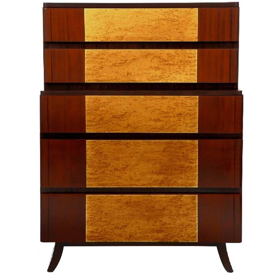 Birdseye Maple and Mahogany Highboy by R-Way For Sale