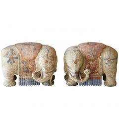 Pair of Antique India Carved and Polychrome Royal Elephants