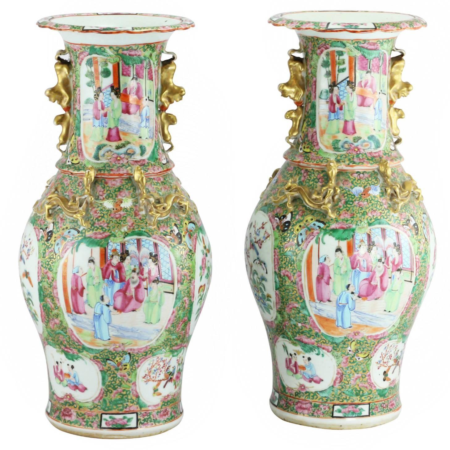 Pair of 19th Century Chinese Qing Dynasty Famille Rose Vases