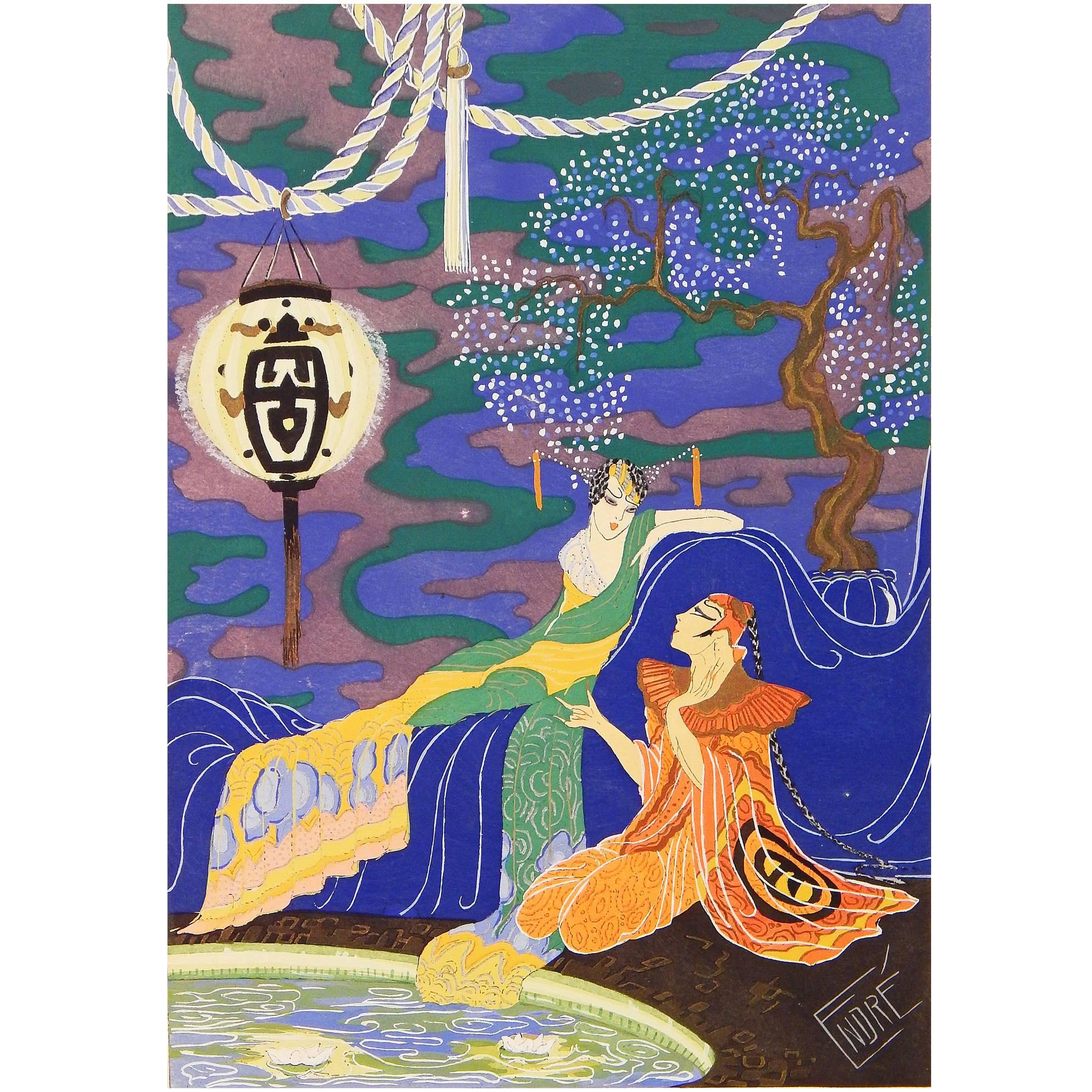"Conversing by the Scented Pool, " Gorgeous Art Deco Chinioserie Painting For Sale