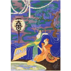 Wunderschönes Art-Déco-Chinioserie-Gemälde "Conversing by the Scented Pool"