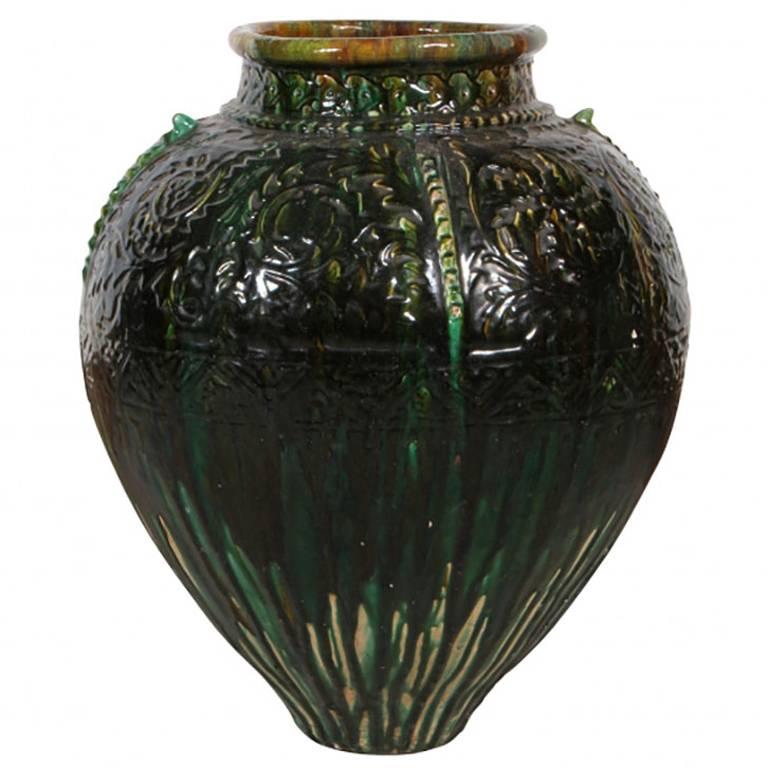 Dark Green and Chocolate Antique Glazed Cast Terracotta Vase For Sale