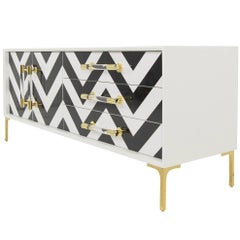 Lacquered Credenza w/ Black & White Chevron Fronts and Brass & Lucite Accents