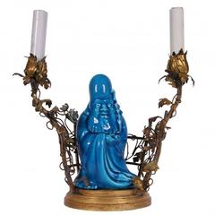 Turquoise Glazed Buddha and Tole Foliate Lamp