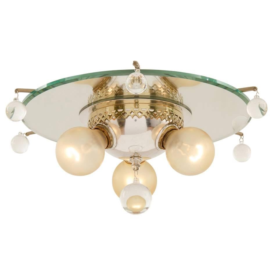 Mirrored Flush Mount with Dangling Glass Satellites, circa 1940 For Sale