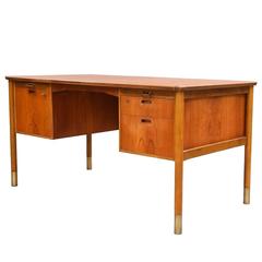 Modernist Teak and Stained Beech Writing Desk with Drawers and Brass Feet