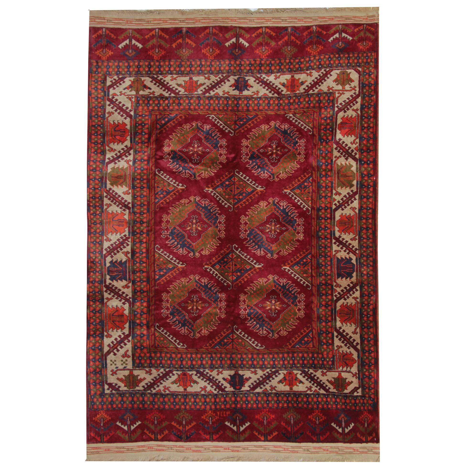 Antique Rugs Red Carpet from Turkmenistan, Hand woven Organic Wool Rug