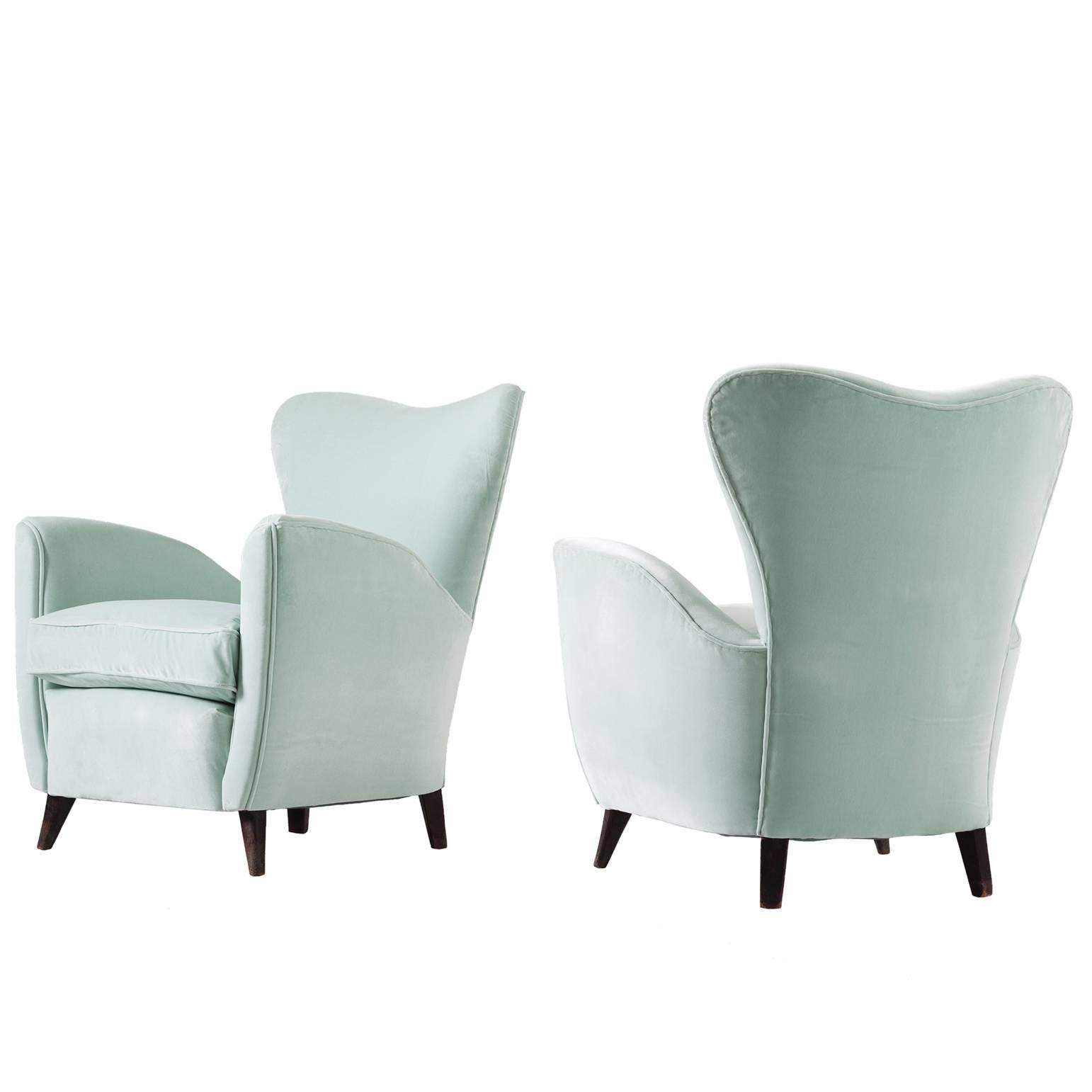 Set of Two Italian Easy Chairs in Mint Green Upholstery