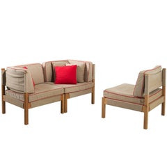 Danish Modular Sofa in Natural Canvas and Red Accents