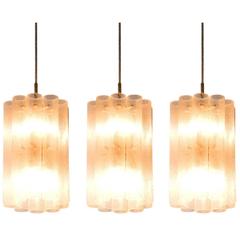 Set of Three Pendants in Structured Glass and Brass 10