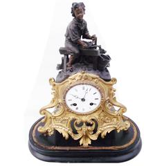 Antique French Sculpture Clock, Woodworker's Apprentice, French Mantle Clock