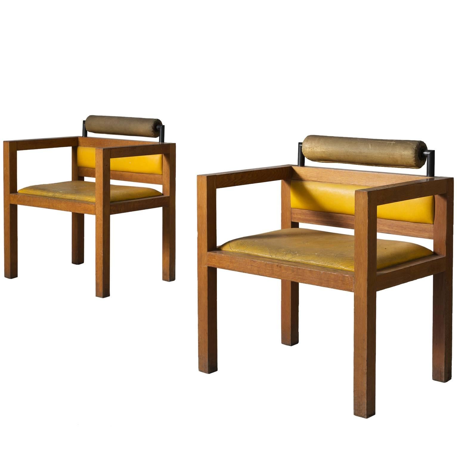 Set of Two Cubic Armchairs in Oak and Yellow Leather Upholstery