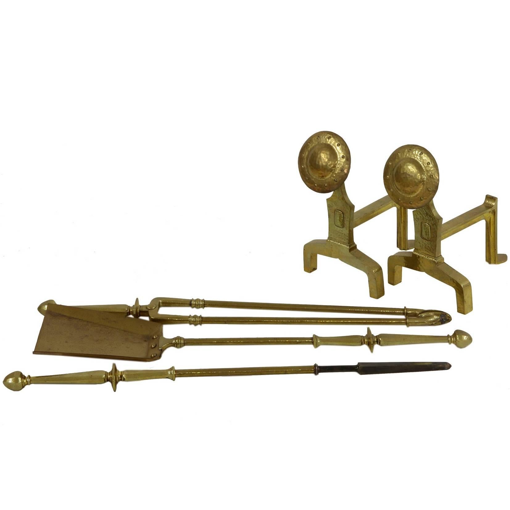Arts and Crafts Set of Brass Fire Dogs and Matching Utensils
