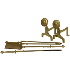 Arts and Crafts Set of Brass Fire Dogs and Matching Utensils