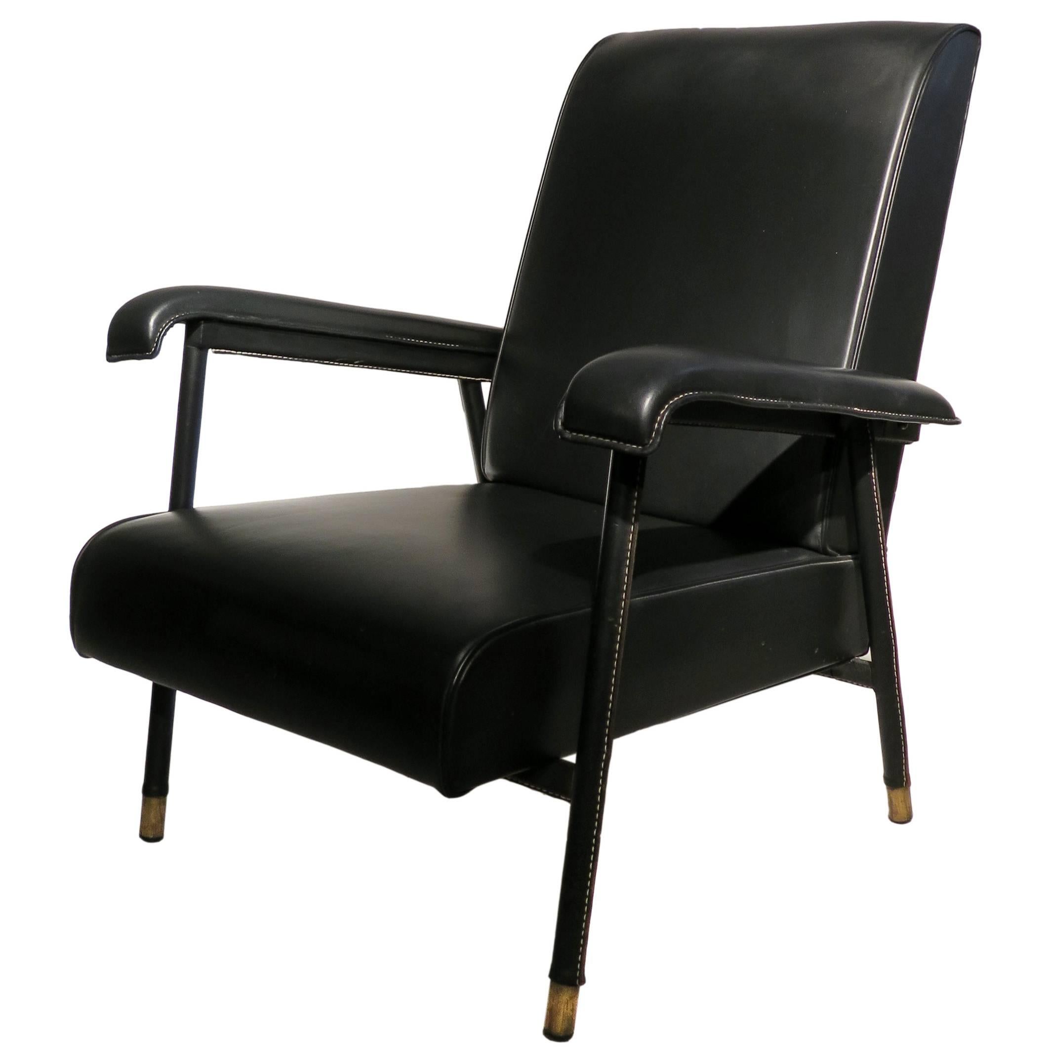 Jacques Adnet Armchair in Stitched Leather and Moleskin For Sale