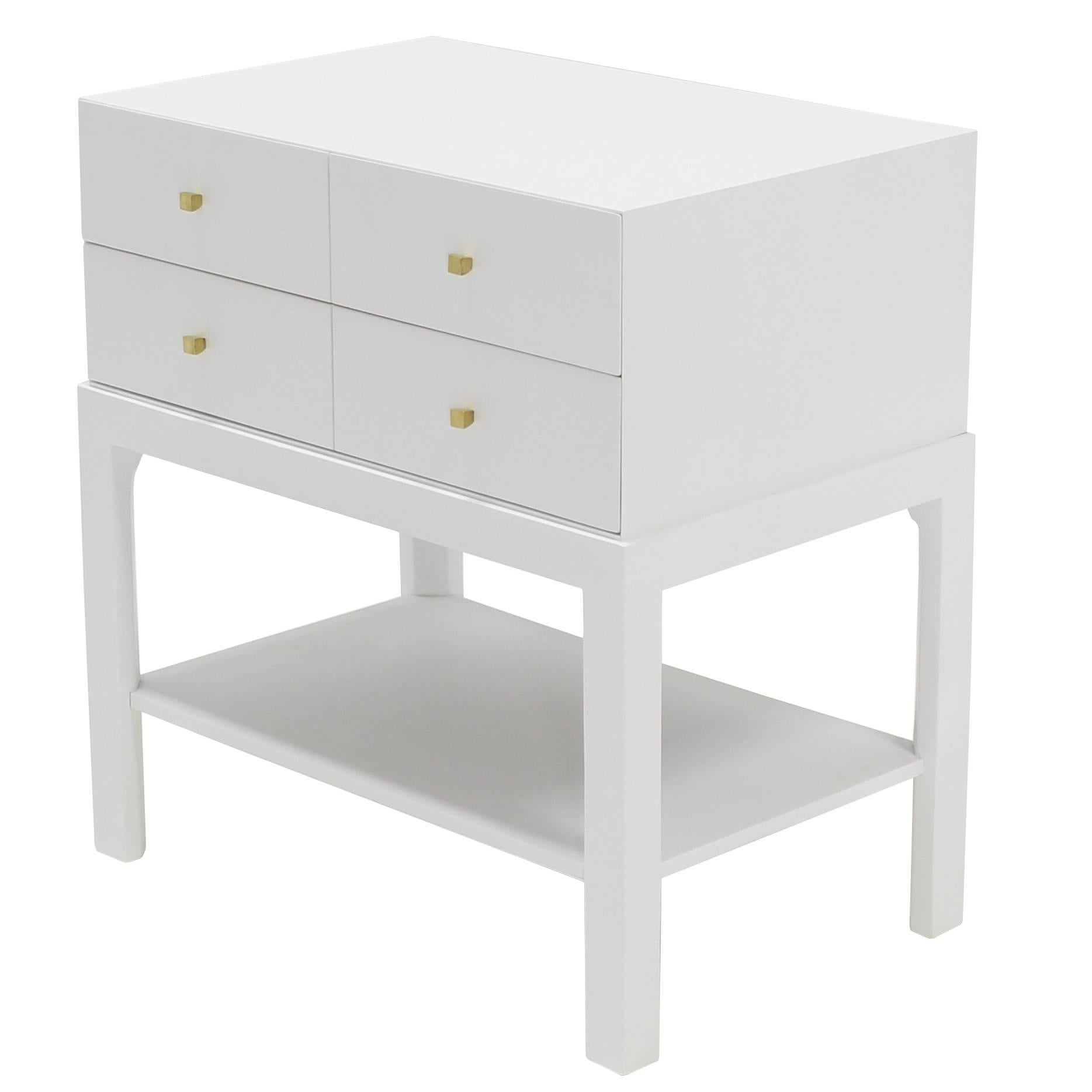 White Lacquer Diamond Shape Brass Dimond Pulls Two Drawer Nightstand For Sale