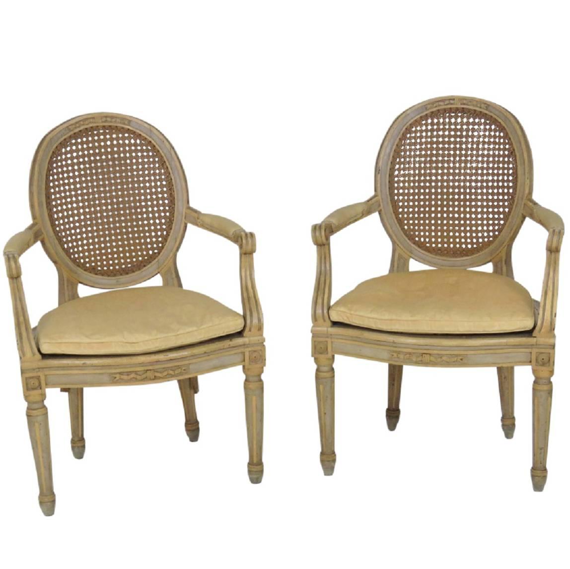 Pair of Antique Louis XVI Style Painted Cane Fauteuils Chairs