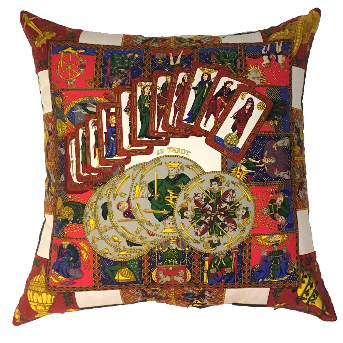 Hermès 'Le Tarot’ Silk Scarf Pillow with Blue Velvet Backing For Sale