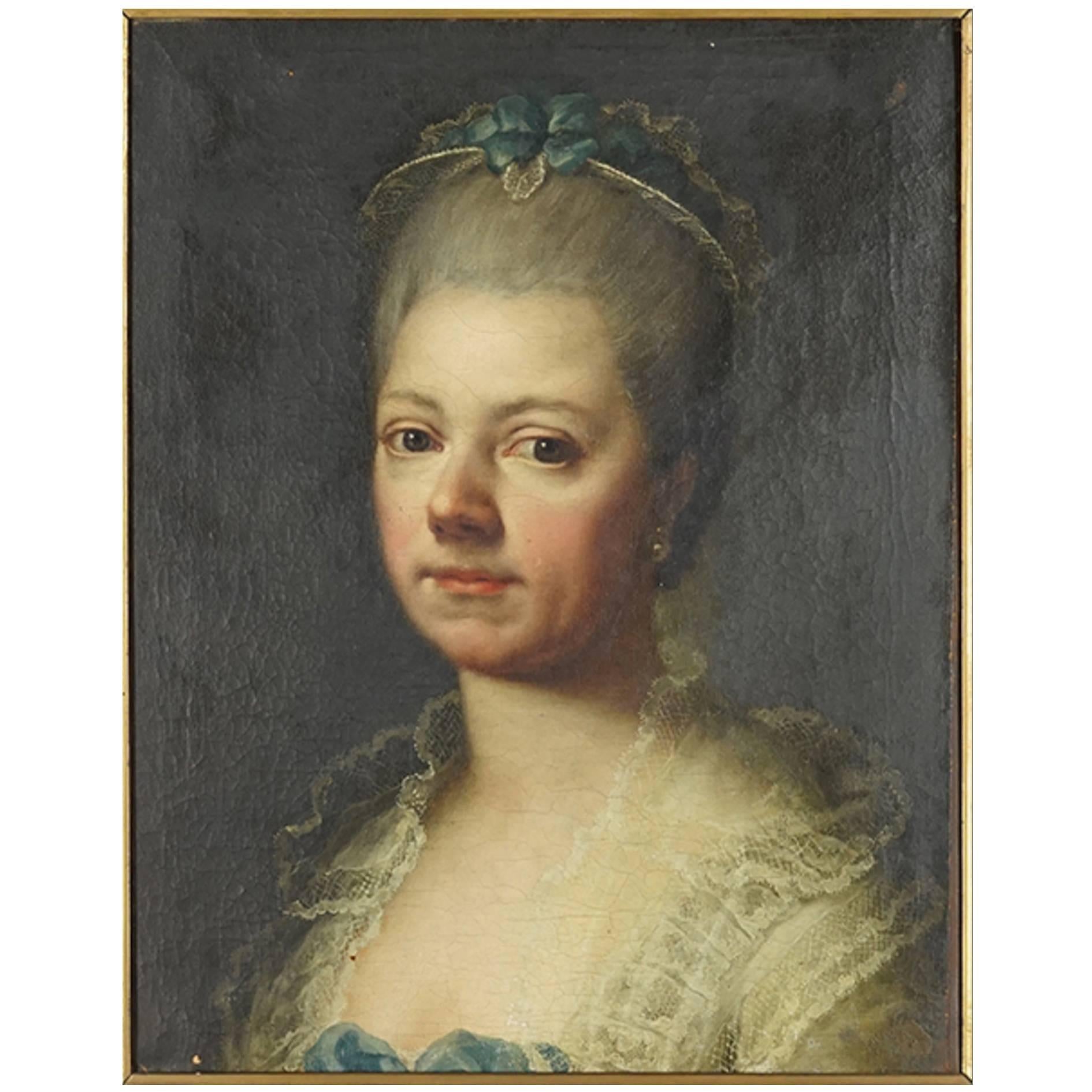French School 18th Century Oil on Canvas in Gilt Frame, "Woman in Blue Dress"