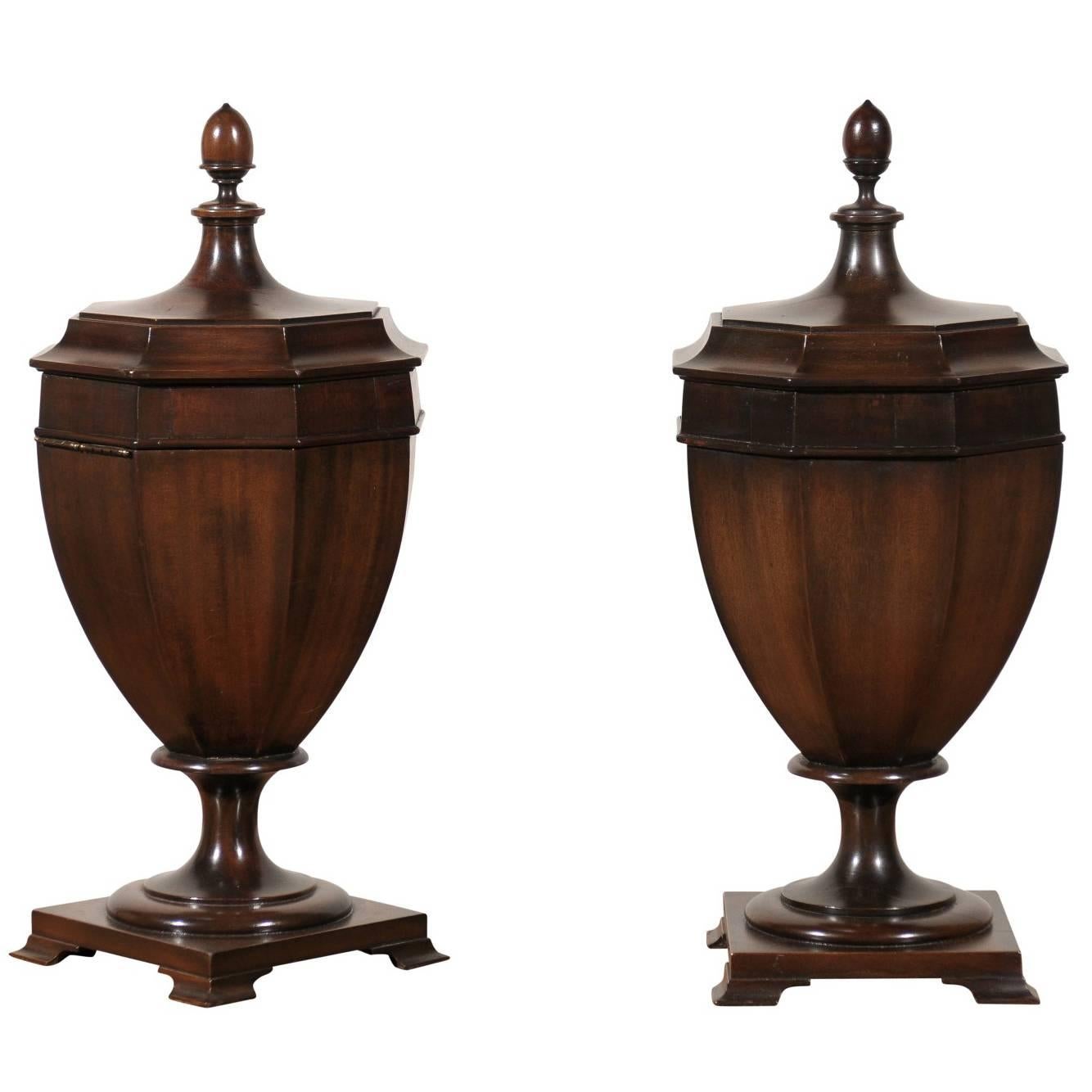 19th-20th Century Georgian Style Mahogany Knife Urns with Octagonal Lids