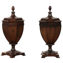 Antique 19th-20th Century Georgian Style Mahogany Knife Urns with Octagonal Lids