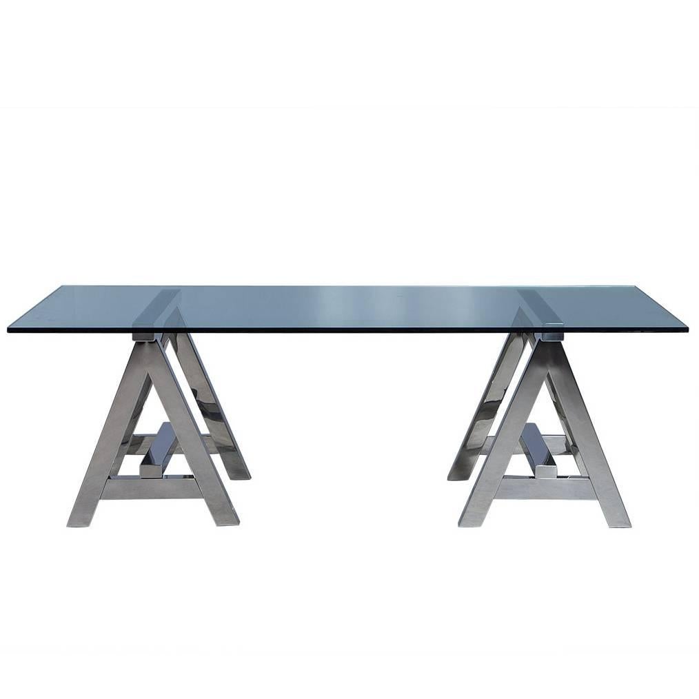 Sawhorse Glass and Stainless Steel Dining Table