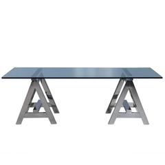 Sawhorse Glass and Stainless Steel Dining Table