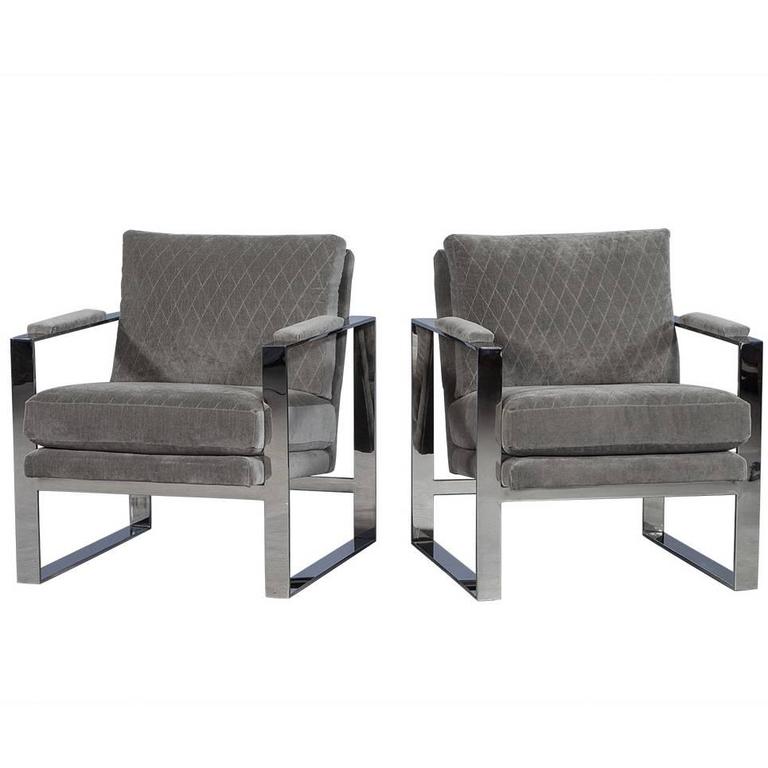 Grey Velvet and Stainless Steel Lounge Chair at 1stDibs