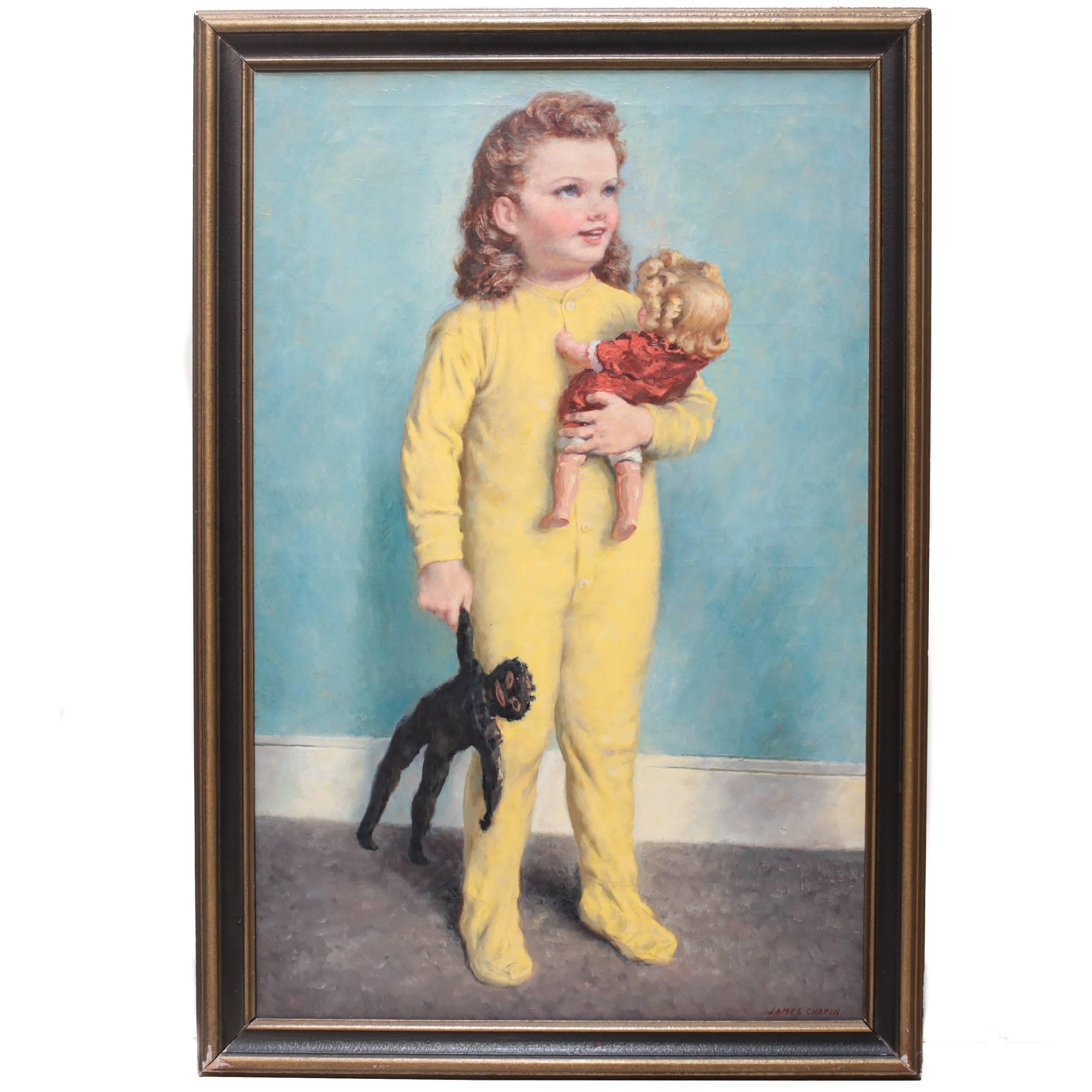 Oil Painting of Young Girl with Two Dolls by James Chapin For Sale