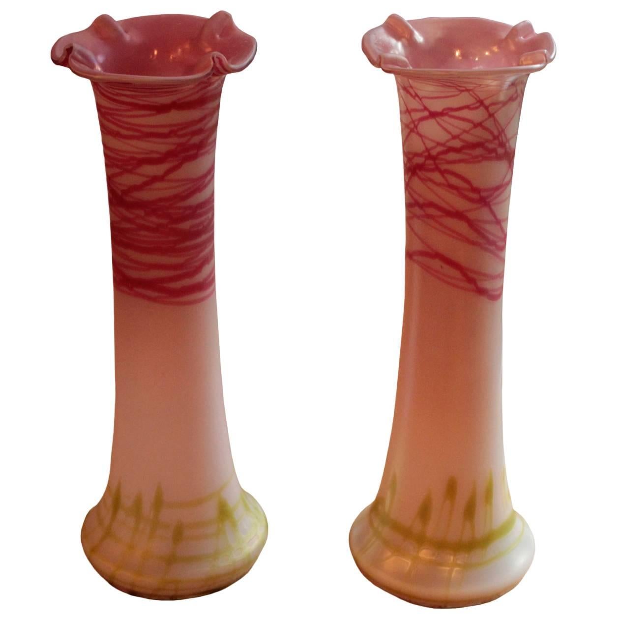 Tall Bohemian Jugendstil Period Pair of Vases by Glasfabrik Elisabeth For Sale