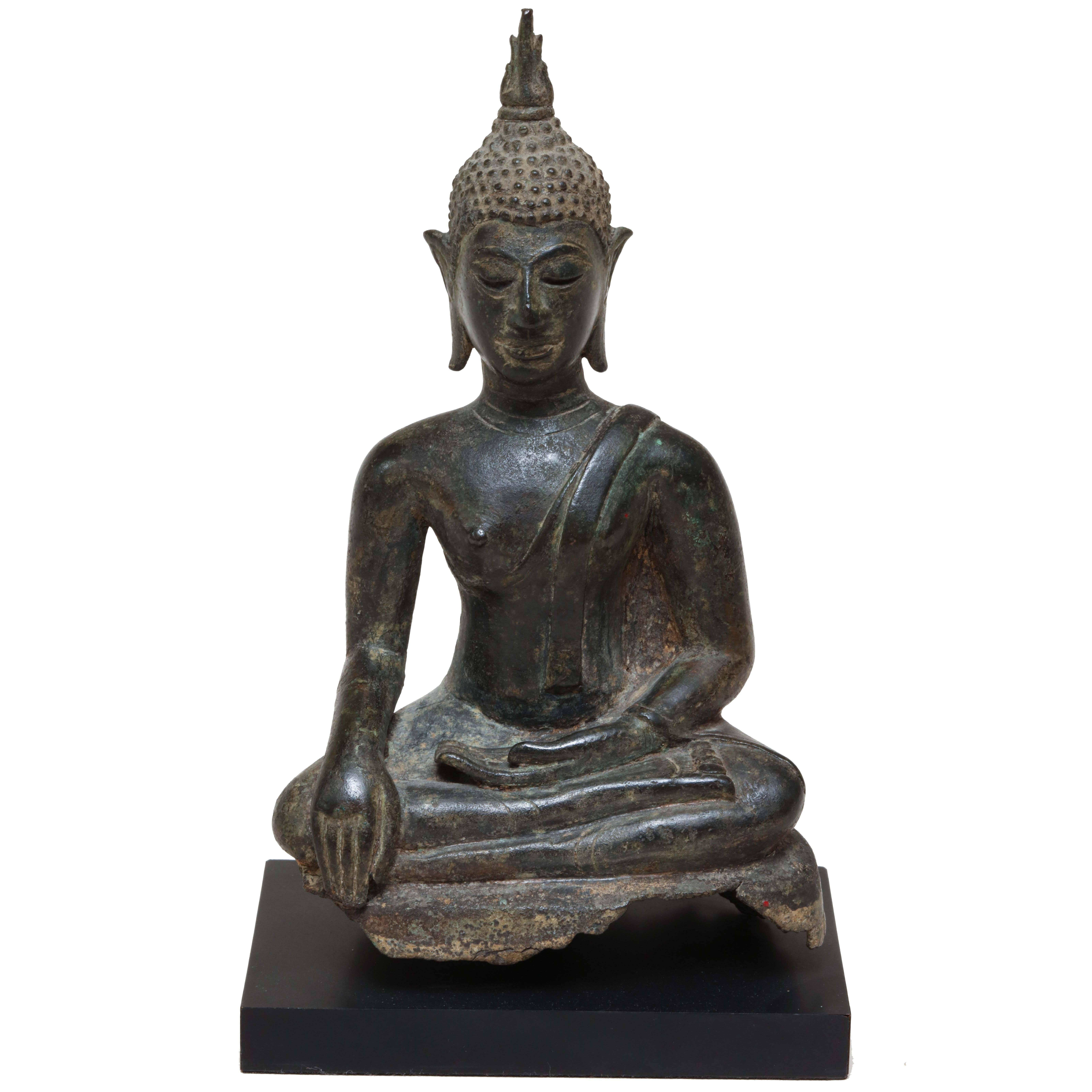 Thai Bronze Buddha on Black Stand, 19th Century, Old Collection
