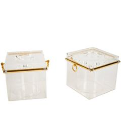 Pair of Chic Lucite Ice Buckets with Gold Plate and Silver Trim 12
