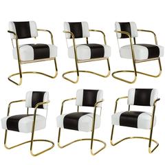 Antique Near Set of Six Art Deco Chairs in Brass and Leather