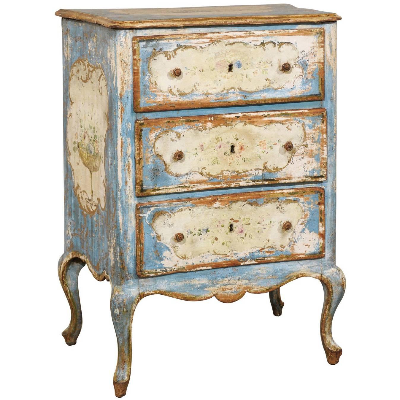 Italian Venetian 19th Century Chest with Original Blue and Off-White Paint