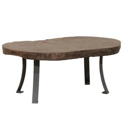 One-of-a-Kind Burned Teak Wood with Subtle Sheen Oval Shaped Table on Metal Bas