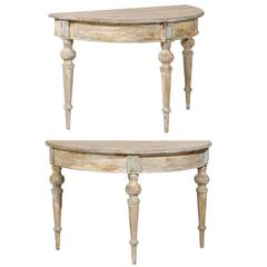 Pair of 19th Century Swedish Demilune Tables in Taupe, Cream & Soft Blue Colors